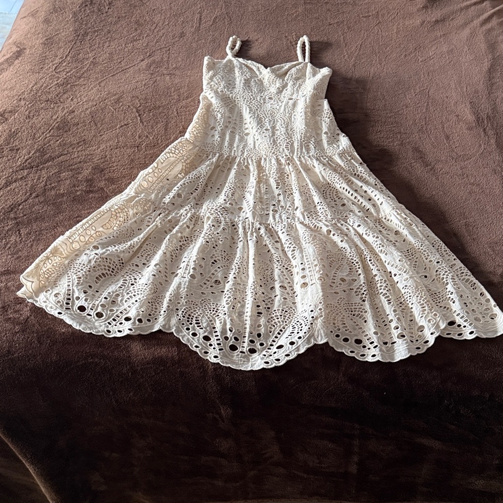 FARM Rio Cream Eyelet Lace Midi Dress with Spaghetti Straps